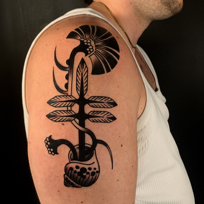 Flower Blackwork with Shell Flash Tattoo by Caitlin Drake McKay